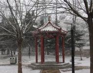 不一會，雪花就輕輕地覆蓋了整個大駐馬，連路邊游園的亭臺都讓這雪花修飾的如此意境不凡。