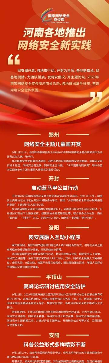 #聚焦2023網(wǎng)絡(luò)安全宣傳周河南省活動(dòng)# 2023年國家網(wǎng)絡(luò)安全宣傳周河南省活動(dòng)開啟，各地推出拿手好戲，營造網(wǎng)絡(luò)安全宣傳氛圍。#河南進(jìn)入網(wǎng)安周時(shí)間##網(wǎng)絡(luò)安全護(hù)航高質(zhì)量發(fā)展##網(wǎng)絡(luò)安全賦能美好生活#